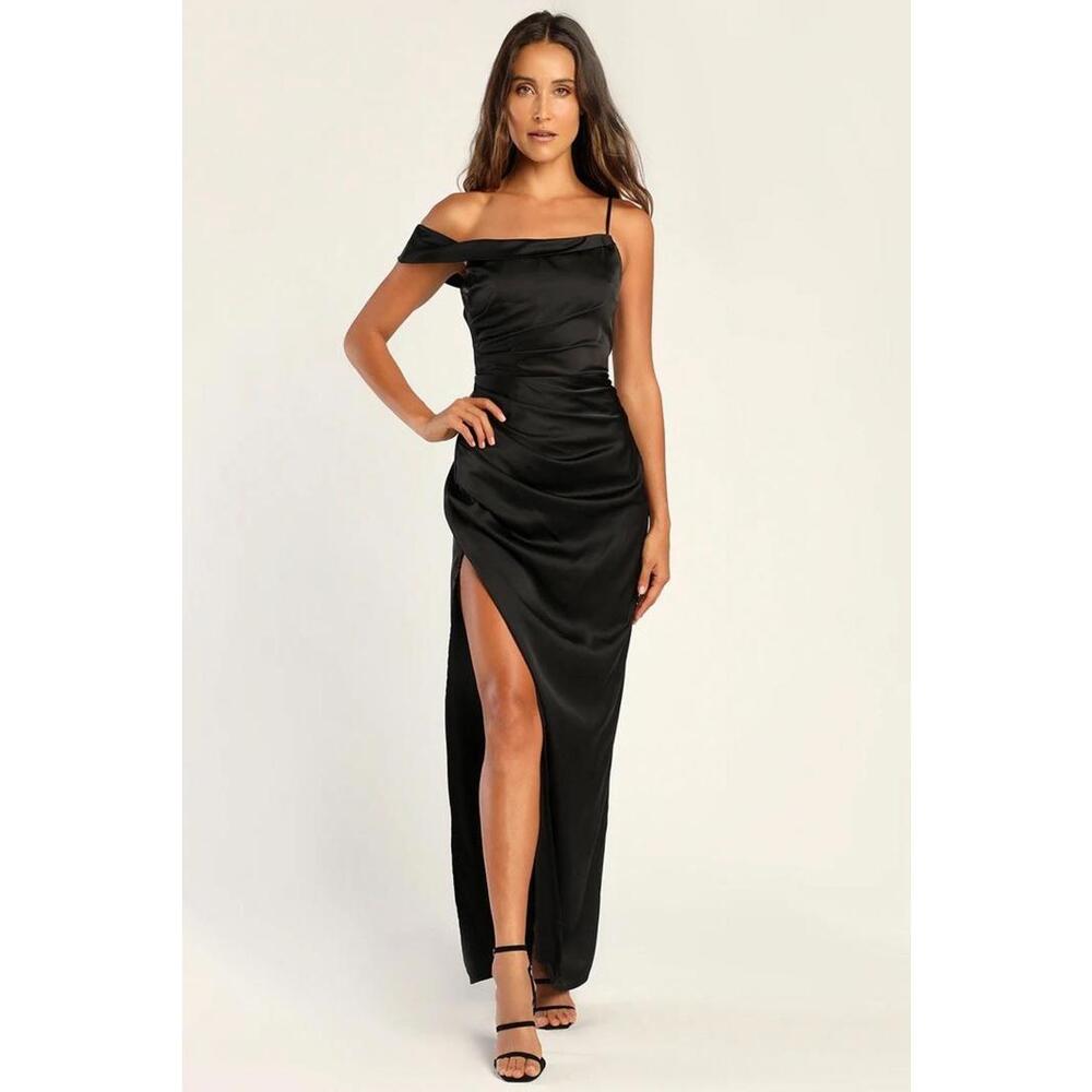 Lulus Lush Love Black Satin Asymmetrical Off-the-Shoulder Dress Small S